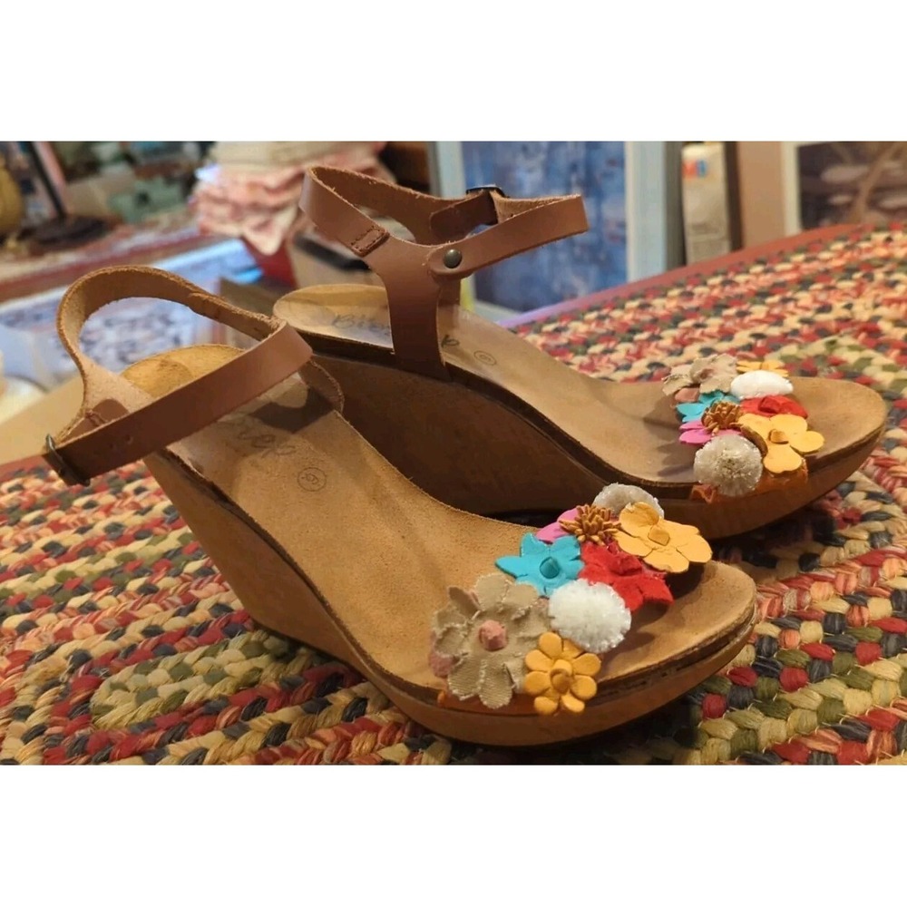 BioStep Wood & Cork Wedge Sandals‎ Flowers Size 9 Made In Spain